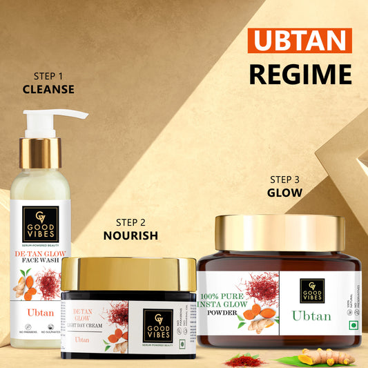 Good Vibes Ubtan Regime | Ubtan De Tan Glow Face Wash (120 ml) + De-Tan Glow Night Cream (50 g) + Ubtan Insta Glow Powder (150 g) - Combo of 3 - Good Vibes