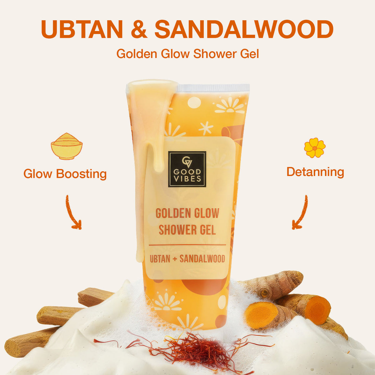 Good Vibes Ubtan & Sandalwood Golden Glow Shower Gel | Natural Glow Boosting & De-Tan Care | Gentle Daily Cleansing Body Wash | Brightening, Soothing & Hydrating | Suitable for All Skin Types – 200 ml - Good Vibes