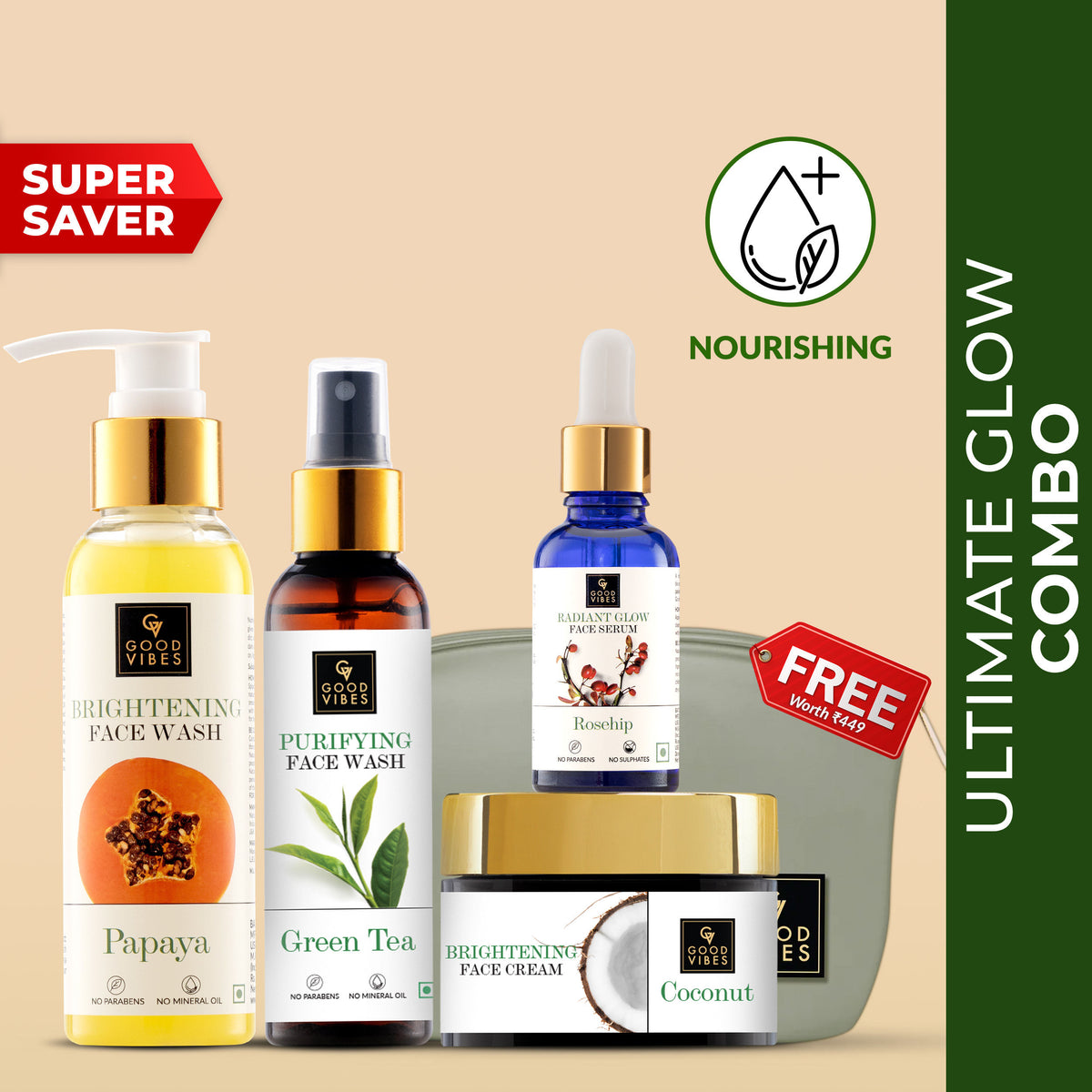 Good Vibes Ultimate Glow Combo Kit (Papaya Face Wash (120 ml), Rosehip Serum (10 ml), Green Tea Toner (120 ml), Coconut Cream (50 gm) with free pouch - Good Vibes