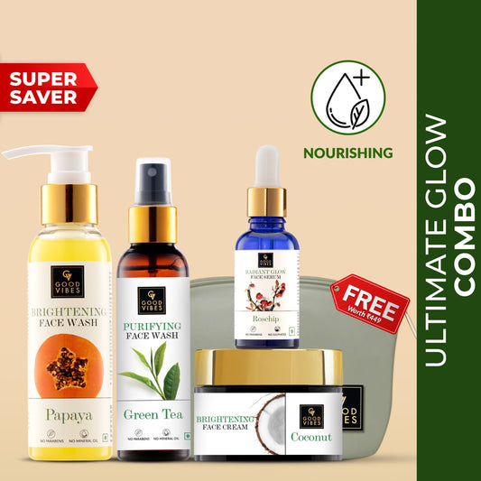 Good Vibes Ultimate Glow Combo Kit (Papaya Face Wash (120 ml), Rosehip Serum (10 ml), Green Tea Toner (120 ml), Coconut Cream (50 gm) with free pouch - Good Vibes