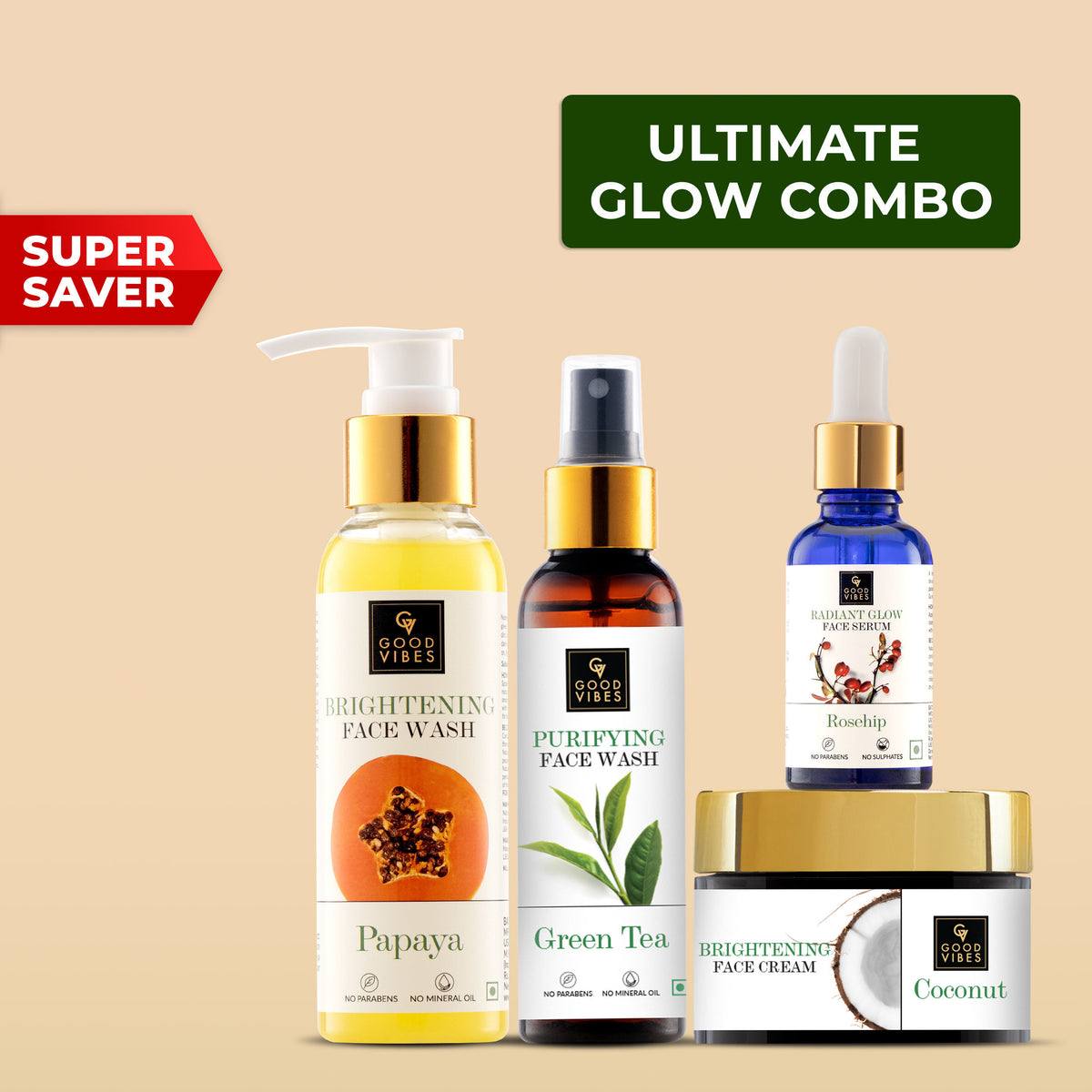 Good Vibes Ultimate Glow Combo Kit (Papaya Face Wash (120 ml), Rosehip Serum (10 ml), Green Tea Toner (120 ml), Coconut Cream (50 gm) with free pouch - Good Vibes image 2