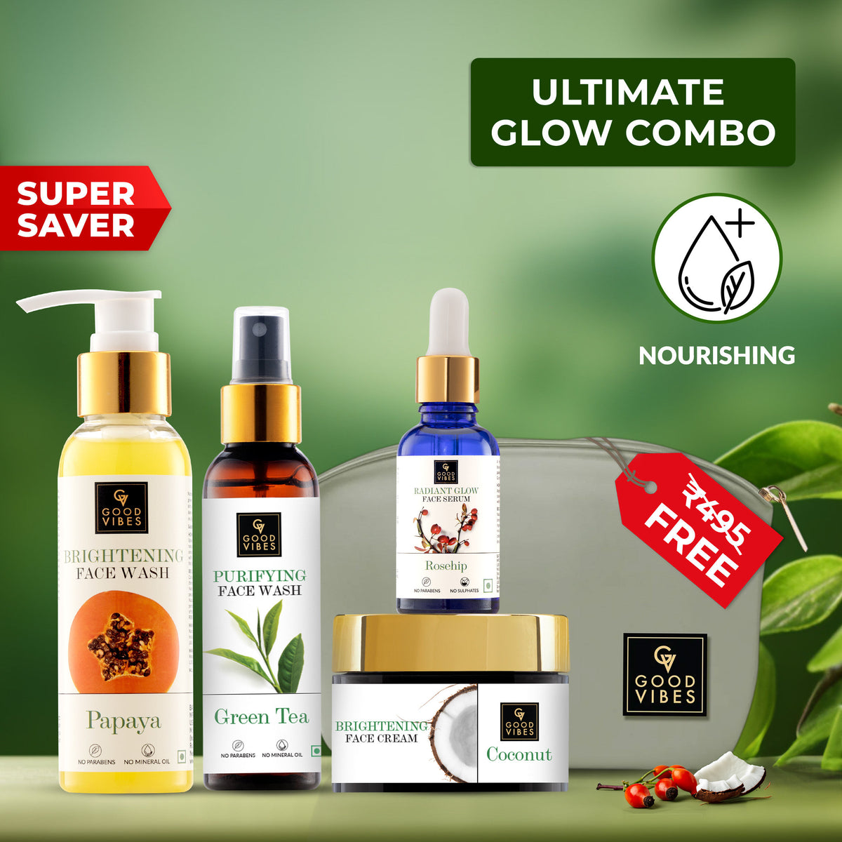 Good Vibes Ultimate Glow Combo Kit (Papaya Face Wash (120 ml), Rosehip Serum (10 ml), Green Tea Toner (120 ml), Coconut Cream (50 gm) with free pouch - Good Vibes image 4