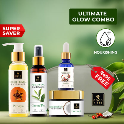 Good Vibes Ultimate Glow Combo Kit (Papaya Face Wash (120 ml), Rosehip Serum (10 ml), Green Tea Toner (120 ml), Coconut Cream (50 gm) with free pouch - Good Vibes image 4