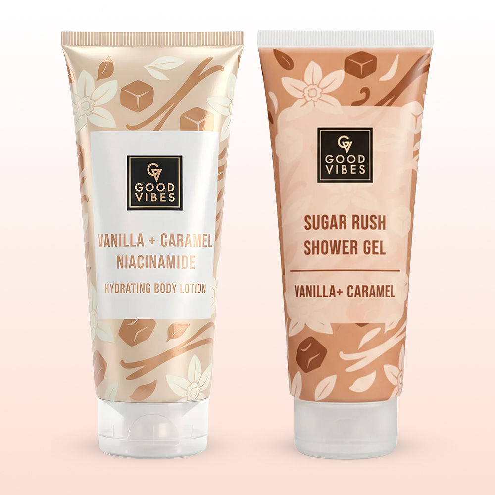 Good Vibes Vanilla & Caramel Body Care Duo (Vanilla & Caramel Sugar Rush Shower Gel-200 ml + Vanilla & Caramel Niacinamide Hydrating Body Lotion-200 ml) Combo of 2 - Good Vibes