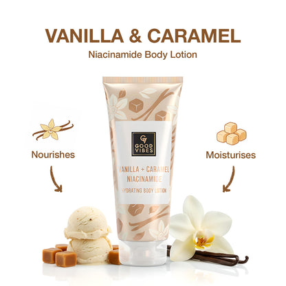 Good Vibes Vanilla & Caramel Niacinamide Hydrating Body Lotion (200 ml) | Deep Moisturising & Skin Barrier Care | Nourishing, Brightening & Smoothening | For Soft, Supple, Glowing Skin | Suitable for Dry Skin & All Skin Types - Good Vibes