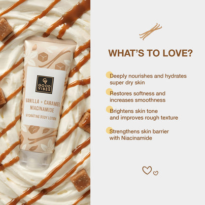 Good Vibes Vanilla & Caramel Niacinamide Hydrating Body Lotion (200 ml) | Deep Moisturising & Skin Barrier Care | Nourishing, Brightening & Smoothening | For Soft, Supple, Glowing Skin | Suitable for Dry Skin & All Skin Types - Good Vibes image 3