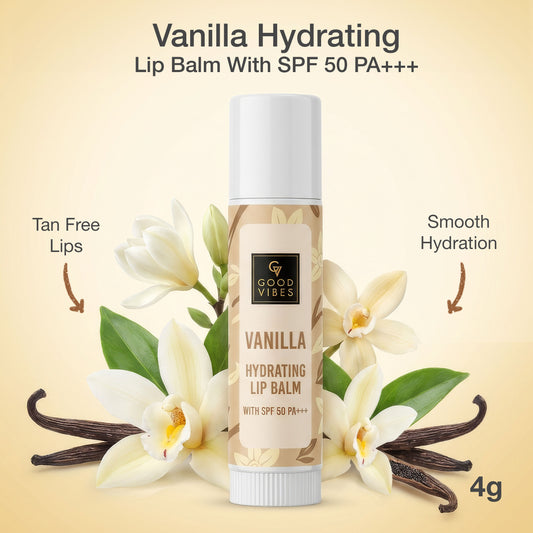 Good Vibes Vanilla Hydrating Lip Balm SPF 50 PA+++ | Nourishing & Sun Protection | Smooth Moisture | Non-Sticky Comfort | Cocoa Butter + Shea Butter | Brightening Niacinamide | Pocket-Sized Daily Lip Care – 4 gm - Good Vibes