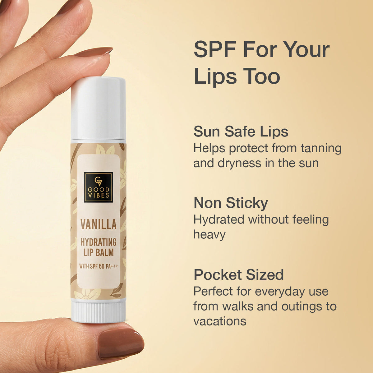 Good Vibes Vanilla Hydrating Lip Balm SPF 50 PA+++ | Nourishing & Sun Protection | Smooth Moisture | Non-Sticky Comfort | Cocoa Butter + Shea Butter | Brightening Niacinamide | Pocket-Sized Daily Lip Care – 4 gm - Good Vibes image 2
