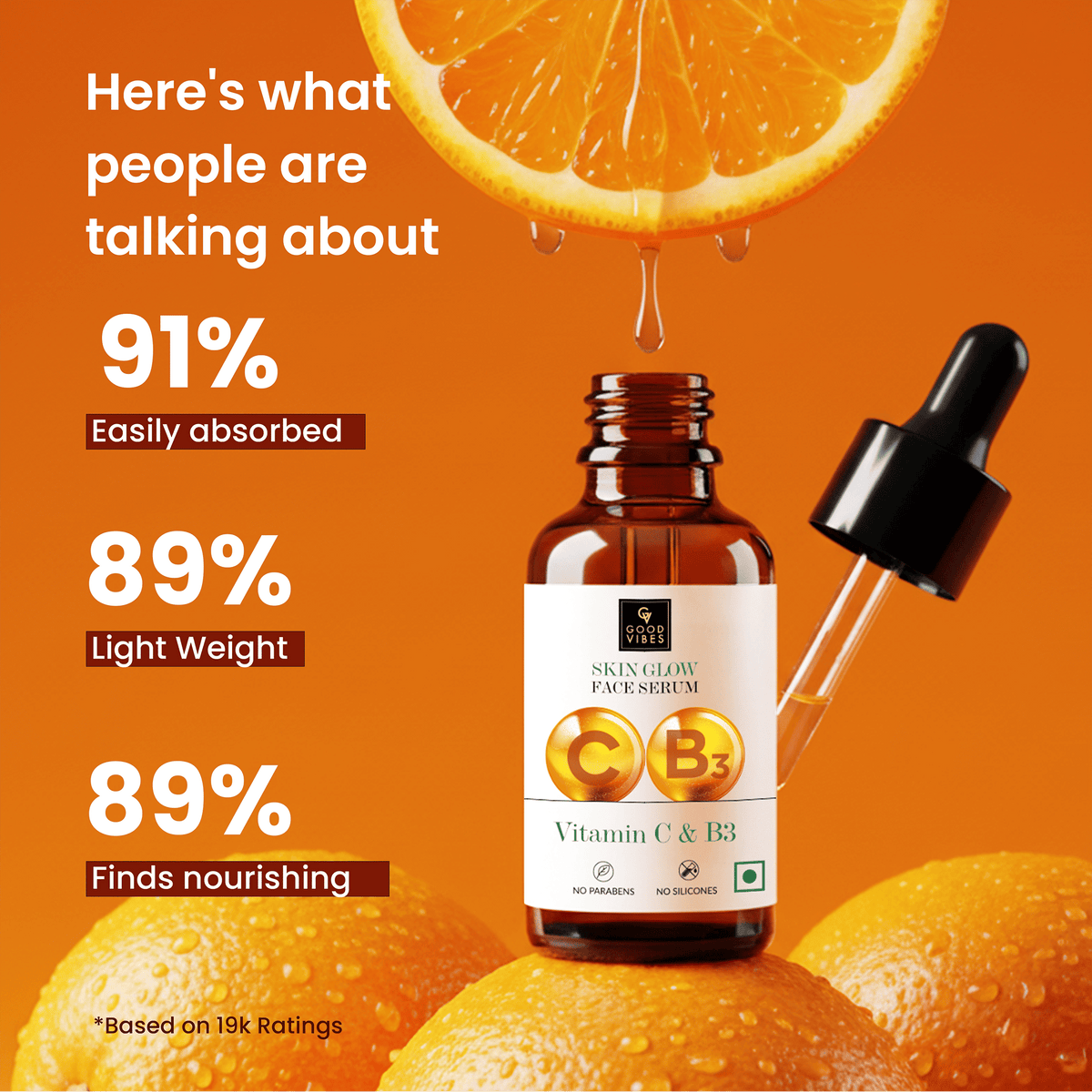 Good Vibes Vitamin C & B3 (Niacinamide) Skin Glow Face Serum | Free 50% Product Extra| With Orange | Easy Absorption | No Parabens, No Silicones, No Sulphates, No Animal Testing (15 ml) - Good Vibes image 4