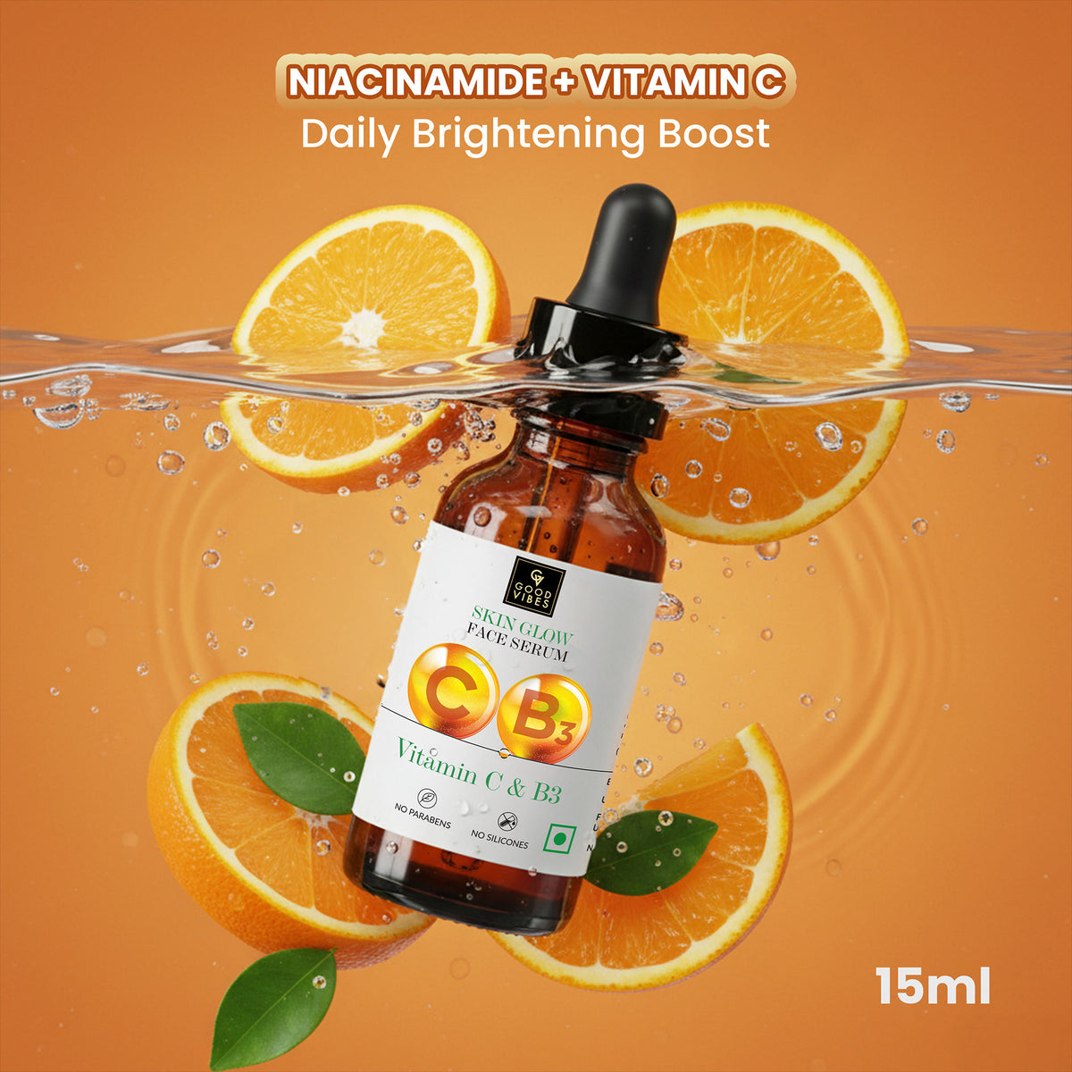 Good Vibes Vitamin C & B3 (Niacinamide) Skin Glow Face Serum | Free 50% Product Extra| With Orange | Easy Absorption | No Parabens, No Silicones, No Sulphates, No Animal Testing (15 ml) - Good Vibes