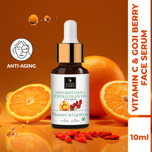 Good Vibes Vitamin C & Goji Berry Depigmentation & Wrinkle Balancing Face Serum | Lightening | With Aloe Vera | No Parabens, No Sulphates (10 ml) - Good Vibes