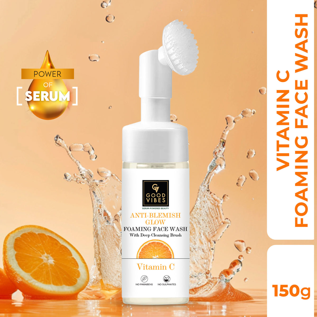 Good Vibes Vitamin C Anti- blemish Glow Foaming Face Wash With Deep Cleansing Brush | Brightening, Skin Illuminating (150 ml) - Good Vibes