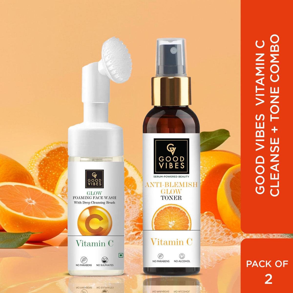 Good Vibes Vitamin C Cleanse + Tone Combo | Vitamin C Glow Foaming Face Wash 150ml | Anti Blemish Glow Toner Vitamin C 120ml - Combo of 2 - Good Vibes