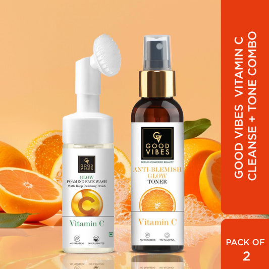 Good Vibes Vitamin C Cleanse + Tone Combo | Vitamin C Glow Foaming Face Wash 150ml | Anti Blemish Glow Toner Vitamin C 120ml - Combo of 2 - Good Vibes