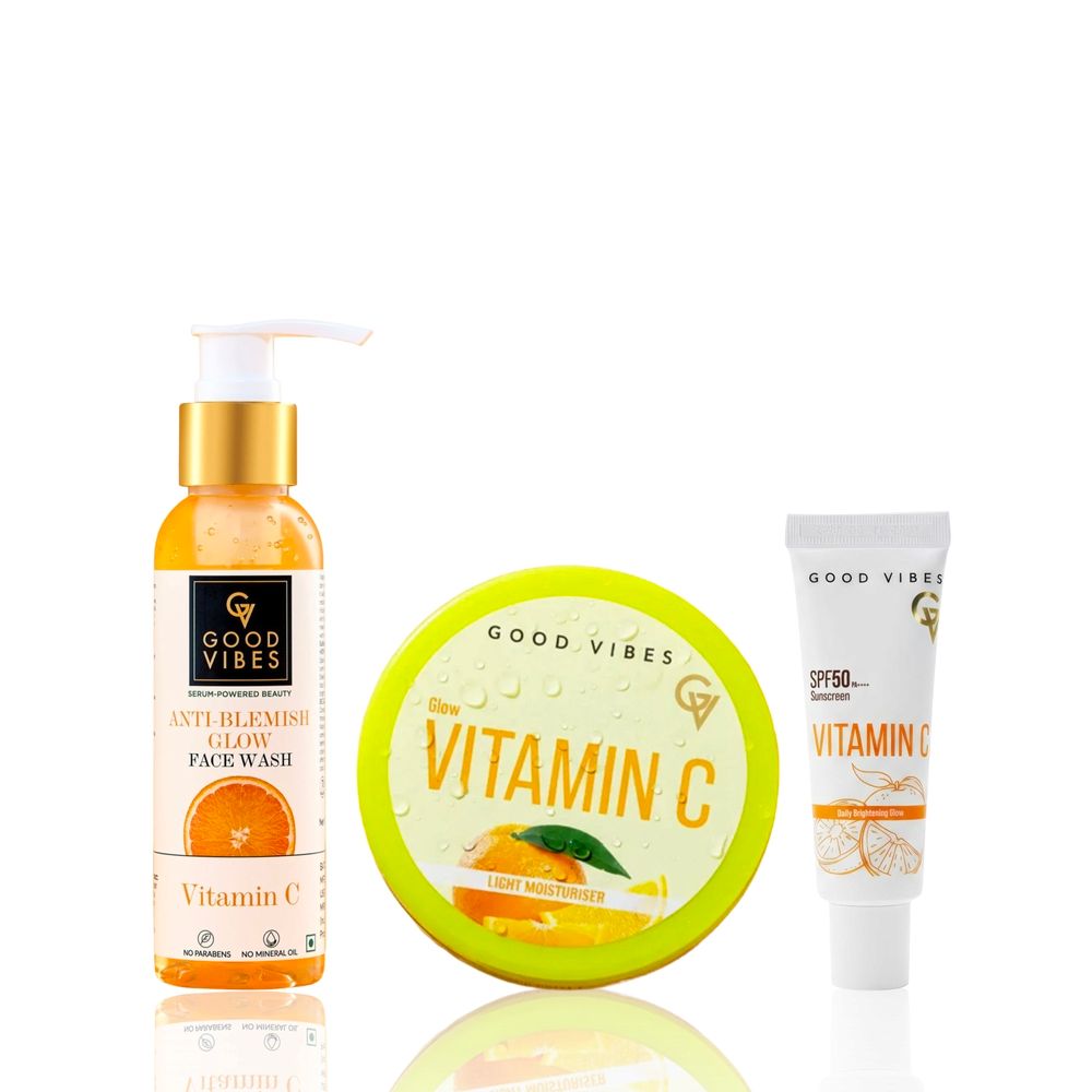 Good Vibes Vitamin C CMS Combo (Anti Blemish Glow face Wash Vitamin C- 120 ml + Good Vibes Vitamin C Super Light Gel Moisturiser- 200 gm + Vitamin C Daily Brightening Glow Sunscreen 50 gm) Combo of 3 - Good Vibes