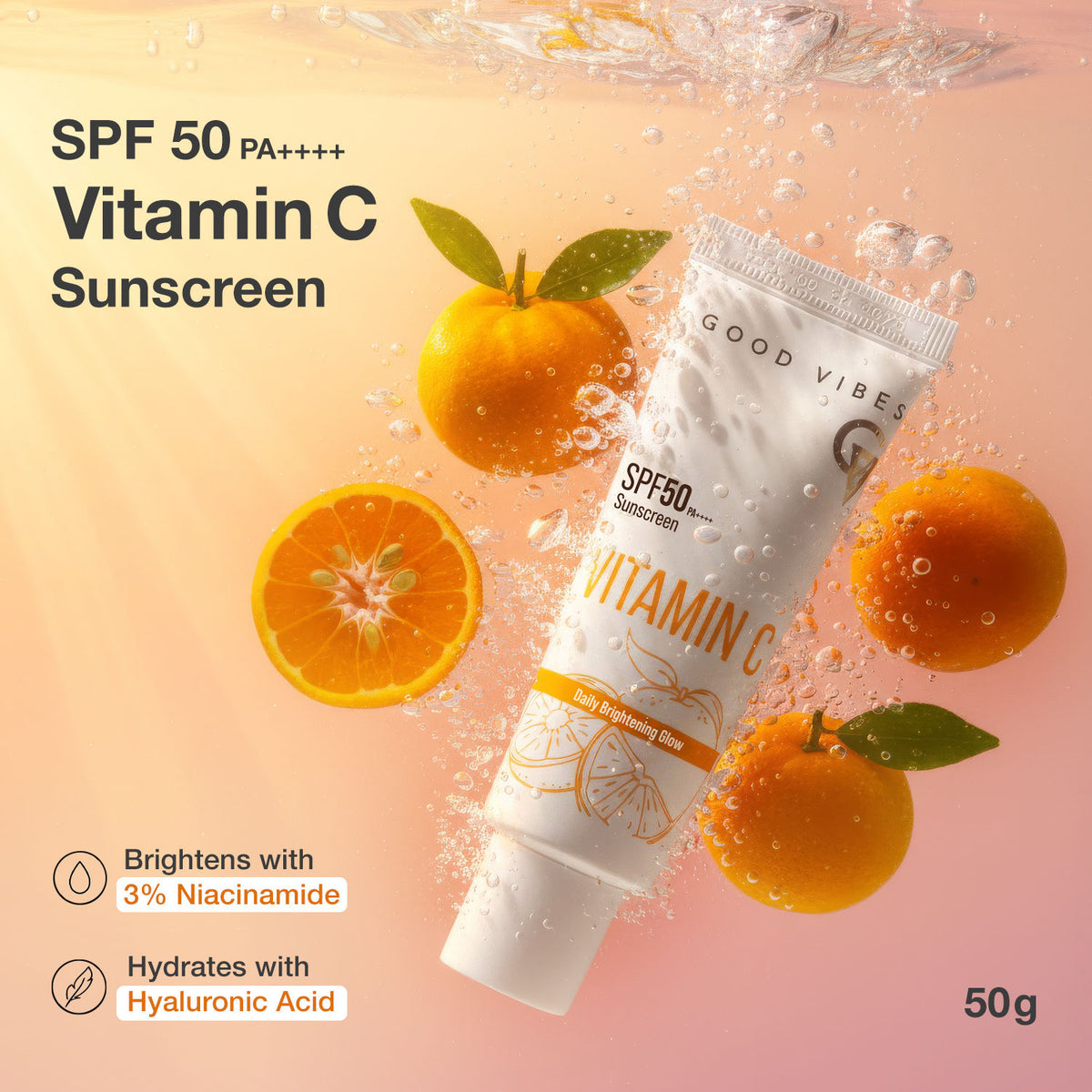 Good Vibes Vitamin C SPF 50 PA++++ Sunscreen | Brightening & Hydrating | 3% Niacinamide + Hyaluronic Acid | No White Cast, Lightweight & Non-Sticky | Daily Glow Sun Protection For All Skin Types – 50 gm - Good Vibes