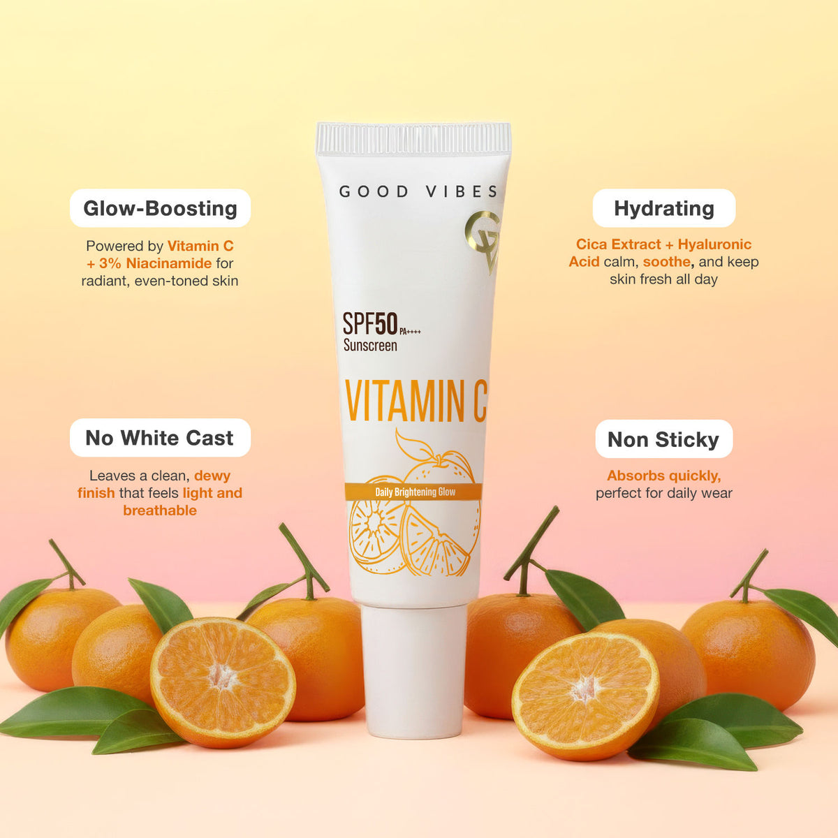 Good Vibes Vitamin C SPF 50 PA++++ Sunscreen | Brightening & Hydrating | 3% Niacinamide + Hyaluronic Acid | No White Cast, Lightweight & Non-Sticky | Daily Glow Sun Protection For All Skin Types – 50 gm - Good Vibes image 3