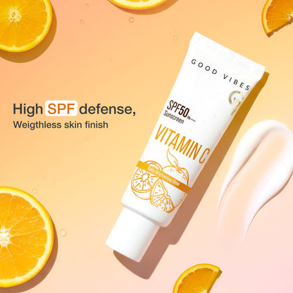 Good Vibes Vitamin C SPF 50 PA++++ Sunscreen | Brightening & Hydrating | 3% Niacinamide + Hyaluronic Acid | No White Cast, Lightweight & Non-Sticky | Daily Glow Sun Protection For All Skin Types – 50 gm - Good Vibes image 4
