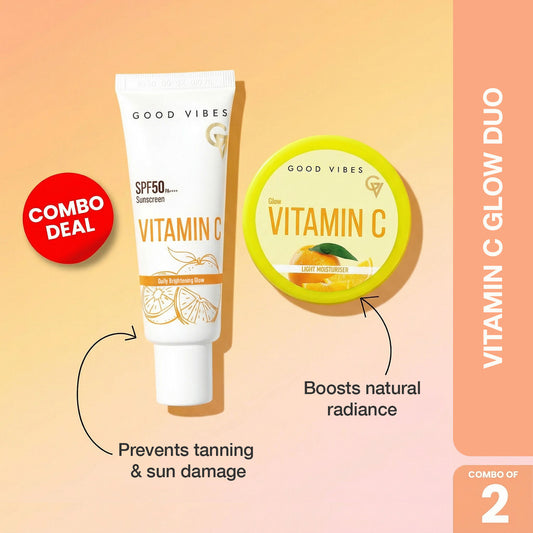 Good Vibes Vitamin C Glow Duo | Glow Light Moisturizer (200 gm) | Daily Brightening Glow Sunscreen (50 gm) Combo of 2 - Good Vibes