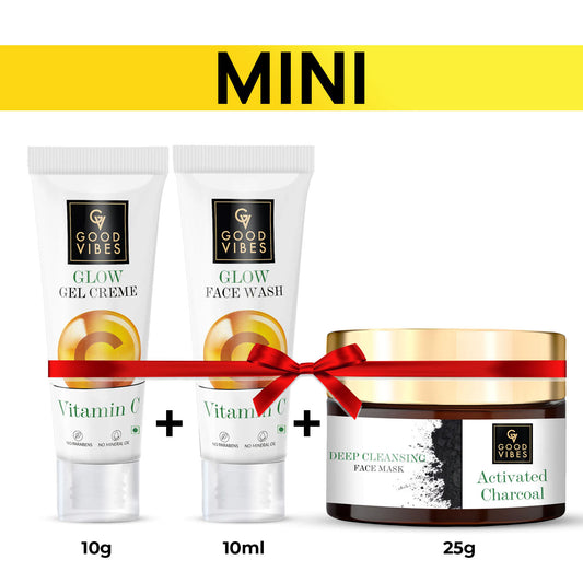Good Vibes Vitamin C Glow Face Wash + Gel Creme + Activated Charcoal Face Mask Combo of 3 - Good Vibes