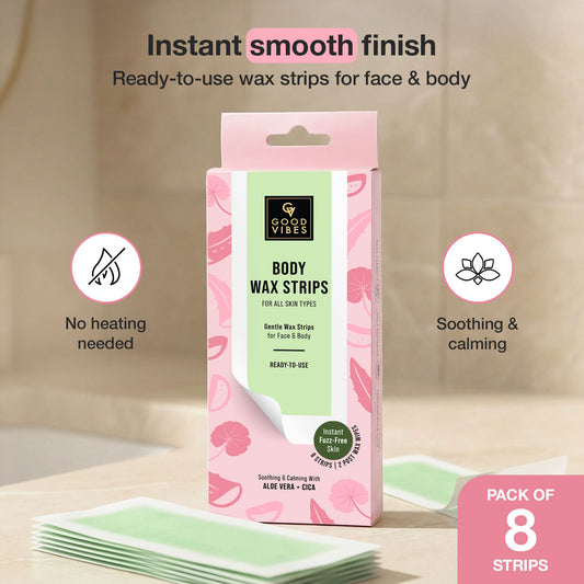 Good Vibes Aloe Vera + Cica Body Wax Strips for Face & Body | Gentle Wax Strips | Ready To Use | For all skin types | Soothing & Calming | Instant Fuzz-Free Skin | 8 Wax Strips x 2 Post-Wax Wipes - Good Vibes