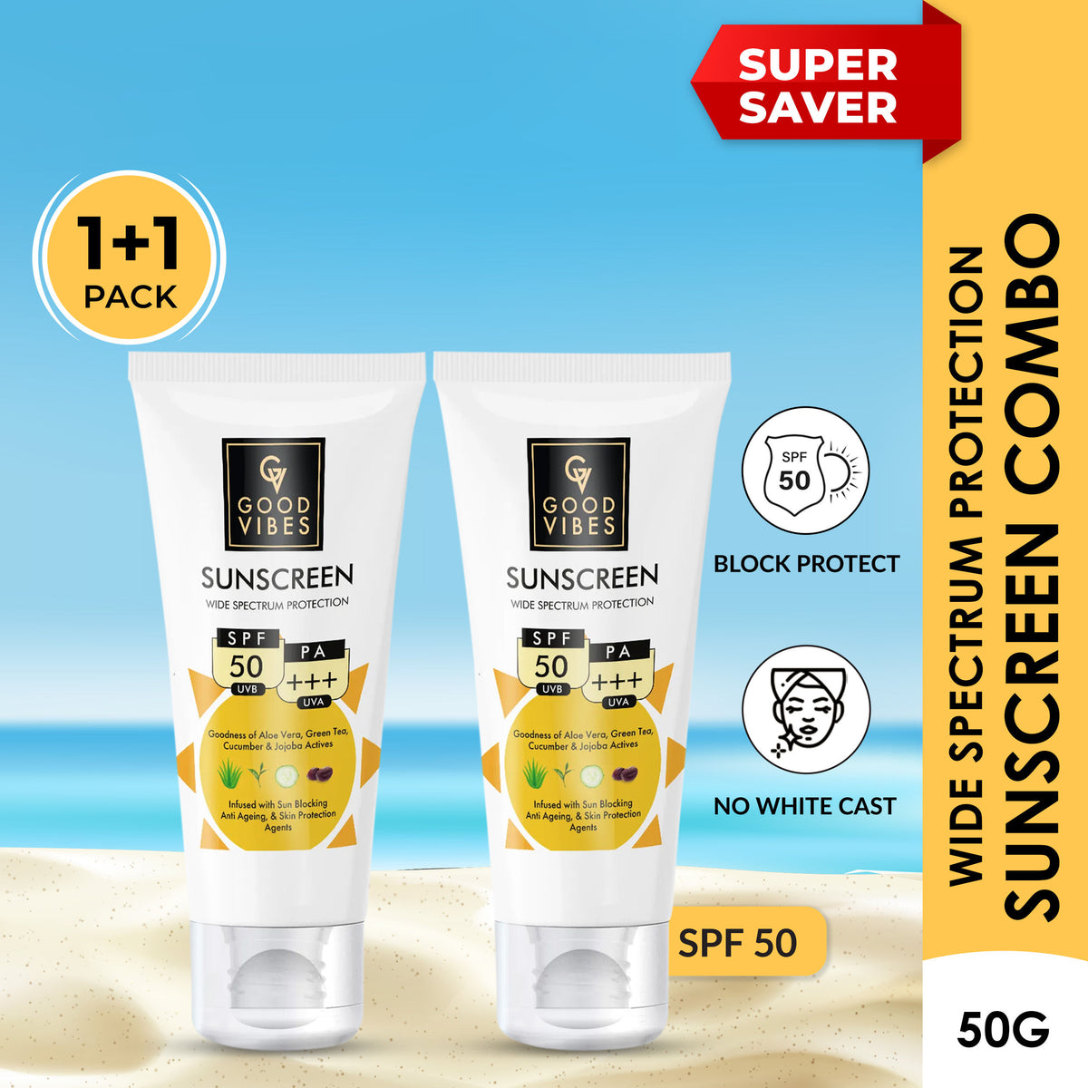 Good Vibes Wide Spectrum Protection Sunscreen with SPF 50: Shield Your Skin from Harmful UV Rays (Pack of 2) (50 gm each) - Good Vibes