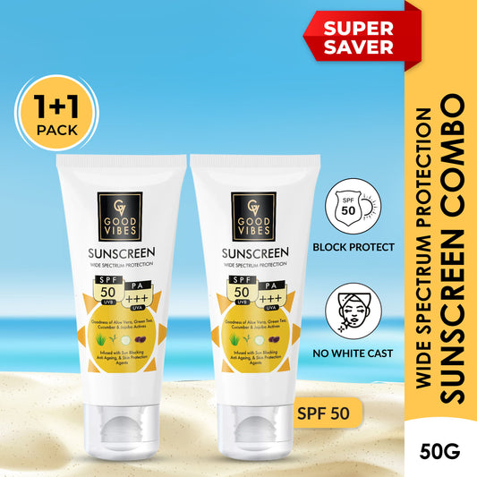 Good Vibes Wide Spectrum Protection Sunscreen with SPF 50: Shield Your Skin from Harmful UV Rays (Pack of 2) (50 gm each) - Good Vibes