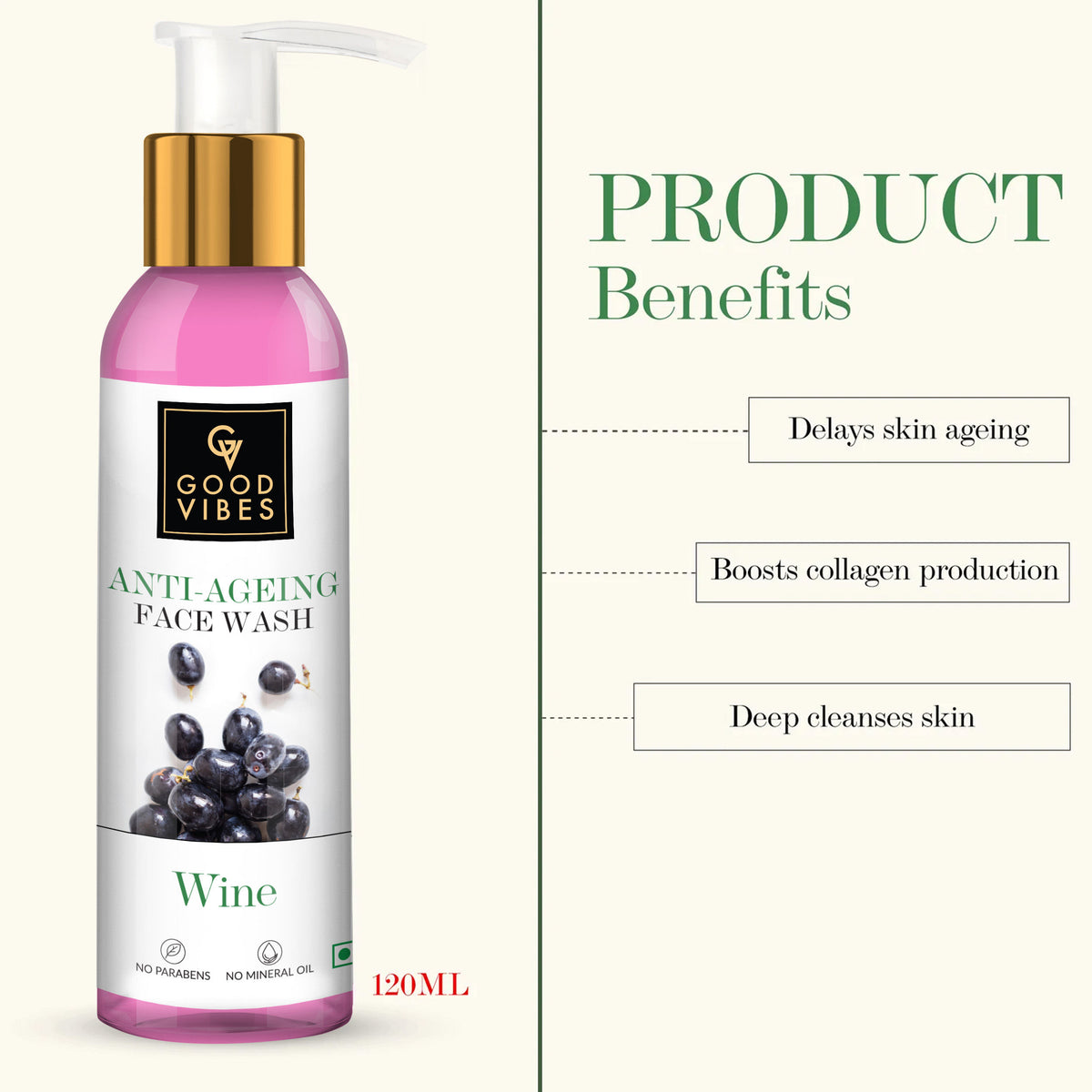 Good Vibes Wine Anti-Ageing Face Wash | Antioxidant, Elasticity | No Parabens, No Mineral Oil, No Animal Testing (120 ml) - Good Vibes image 4
