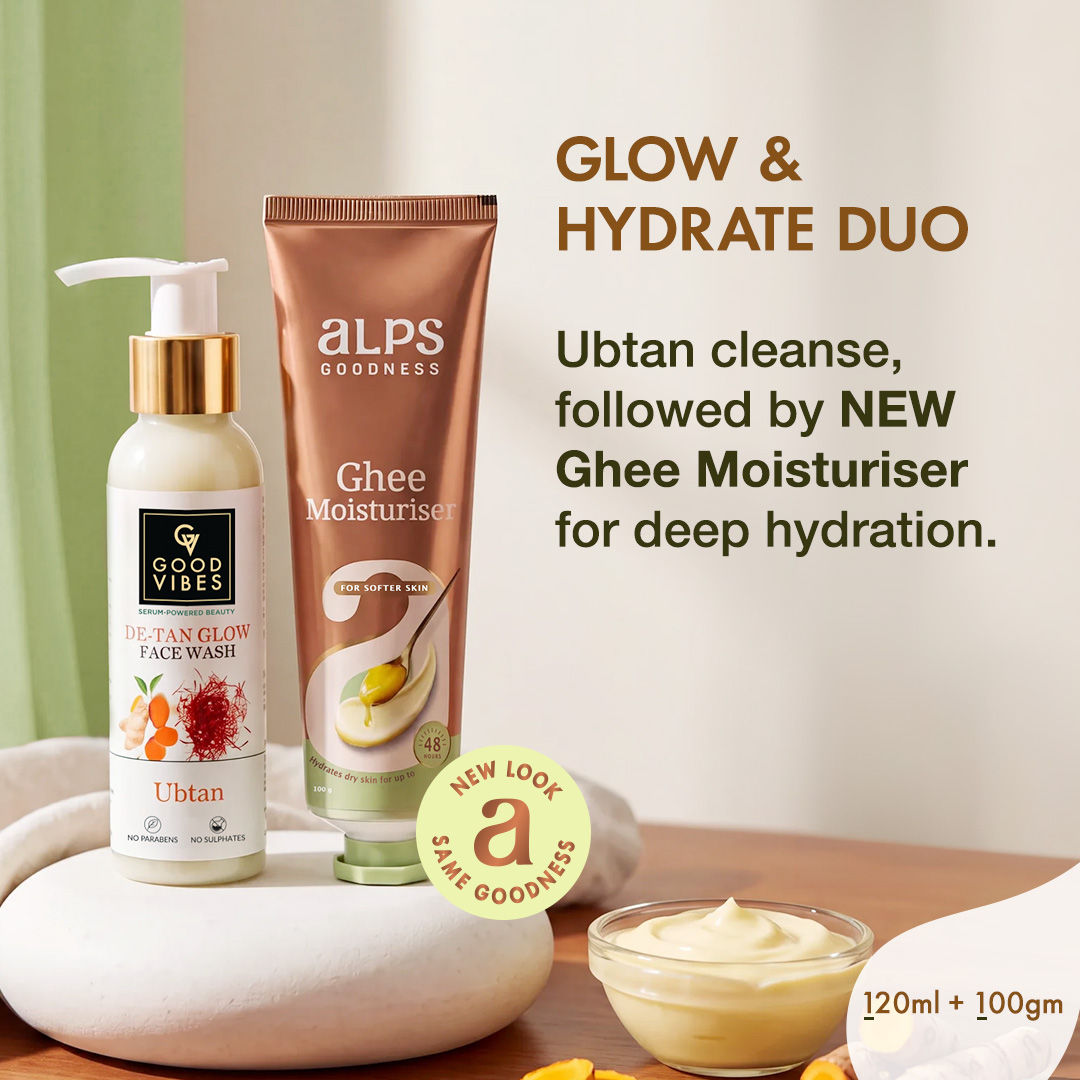 Good Vibes X Alps Goodness Glow & Hydrate Duo | | De-Tan Face Wash 120 ml + Deep Nourishing Moisturiser 100 gm | Cleanses, Brightens & Hydrates Combo of 2 - Good Vibes