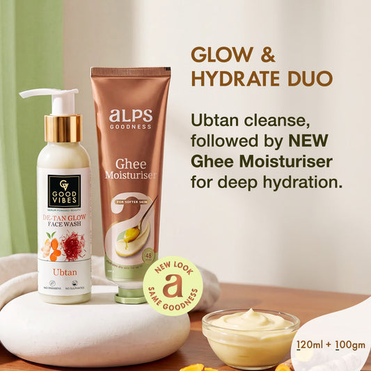 Good Vibes X Alps Goodness Glow & Hydrate Duo | | De-Tan Face Wash 120 ml + Deep Nourishing Moisturiser 100 gm | Cleanses, Brightens & Hydrates Combo of 2 - Good Vibes