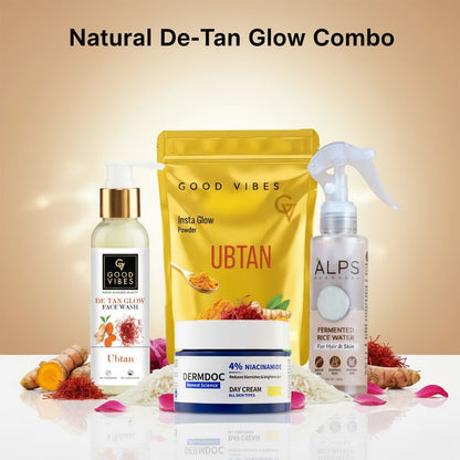 Good Vibes X DERMDOC X Alps Goodness Natural De-Tan Glow Combo | Good Vibes Ubtan Face Wash (120 ml) | Good Vibes Ubtan Insta Glow Powder (50 gm) | Alps Goodness Fermented Rice Water (100 ml) | DermDoc 4% Niacinamide Day Cream (50 gm) Combo of 4 - Good Vibes