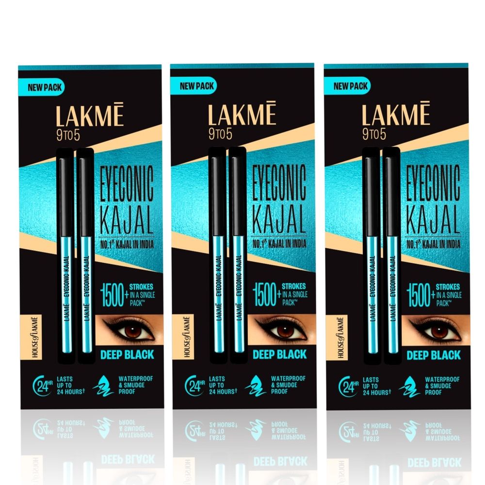 Lakme 9 to 5 Eyeconic Kajal Twin Pack lasts upto 24hrs Pack of 2- Deep Black 0.35 g + 0.35 g (Pack of 3)