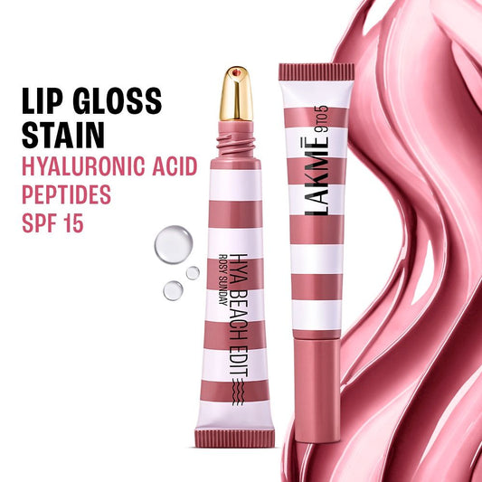 Lakme 9 to 5 Hya Beach Edit Lip Gloss Stain - 2 Rosy Sunday, Hydrating, Long-Lasting, SPF 15, 10 ml