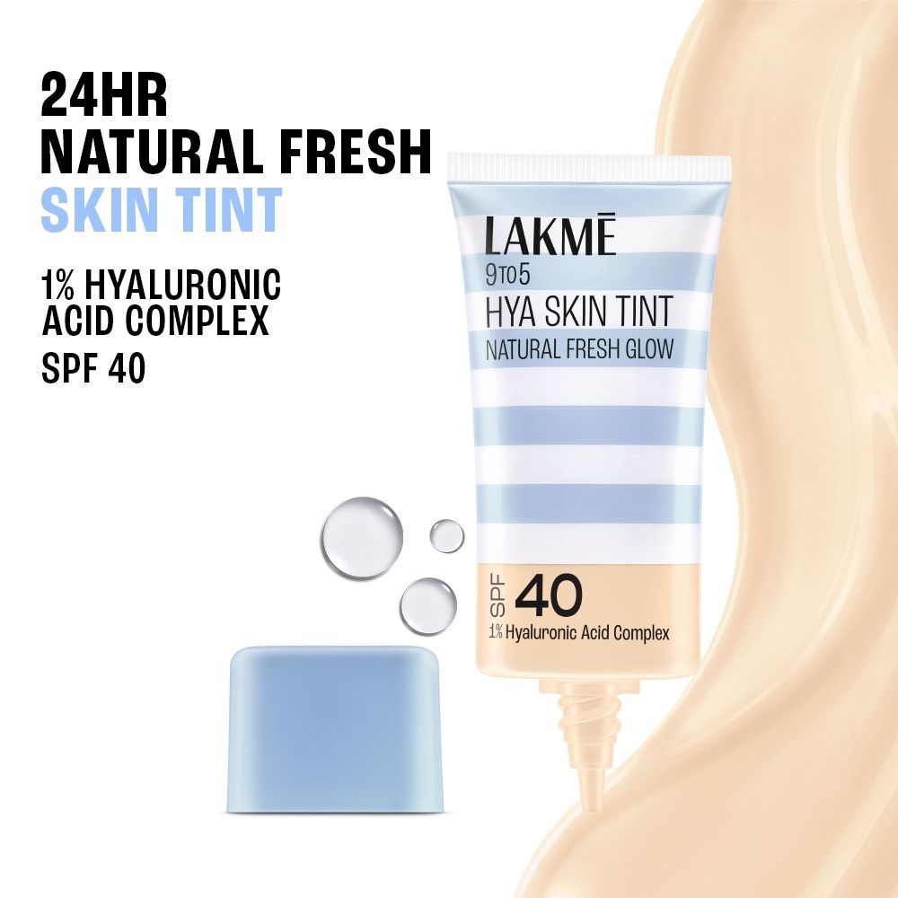 Lakme 9 to 5 Hya Skin Tint, Fresh Glow Finish, up to 24 hours, SPF40 Foundation, C-100 Cool Ivory (27 ml)