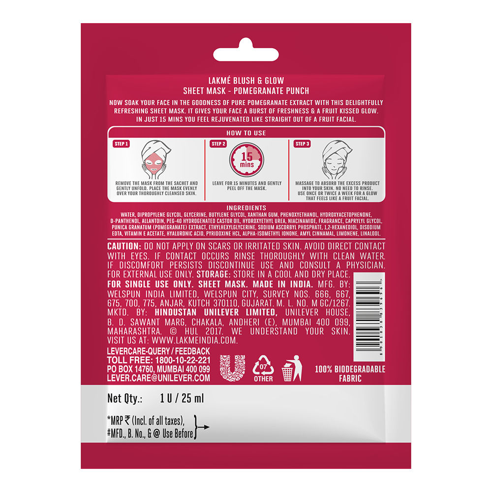Lakme Blush & Glow Pomegranate Sheet Mask, 20 ml - Image 2