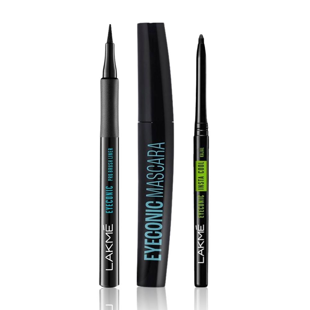 Lakme Eyeconic Combo (Lakme Eyeconic Pro Brush Liner, Black, 1.2 ml + Lakme Eyeconic Curling Mascara - Black (9 ml) + Lakme Eyeconic Insta Cool