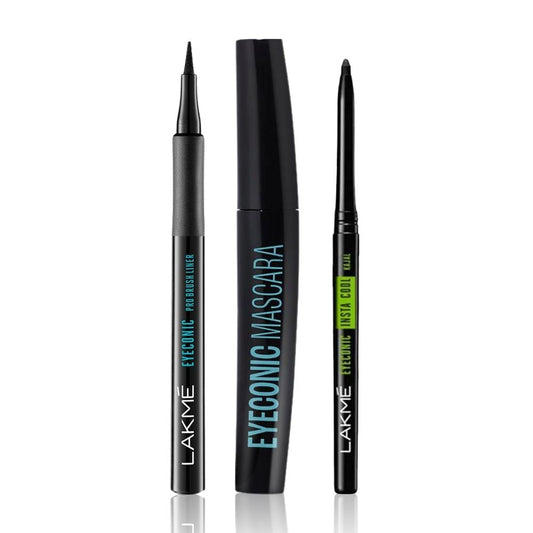 Lakme Eyeconic Combo (Lakme Eyeconic Pro Brush Liner, Black, 1.2 ml + Lakme Eyeconic Curling Mascara - Black (9 ml) + Lakme Eyeconic Insta Cool