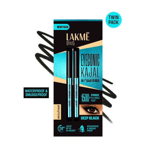 Lakme 9 to 5 Eyeconic Kajal Twin Pack, lasts upto 24hrs, Pack of 2- Deep Black, 0.35 g + 0.35 g