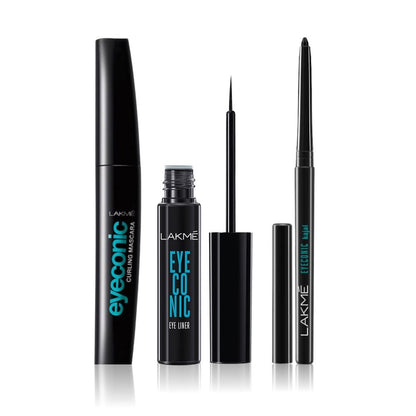 Lakme Eyeconic Mascara + Eyeliner + Kajal combo (Lakme Eyeconic Curling Mascara - Black 9 ml+ Lakme Eyeconic Liquid Eyeliner - Intense Black(4.5