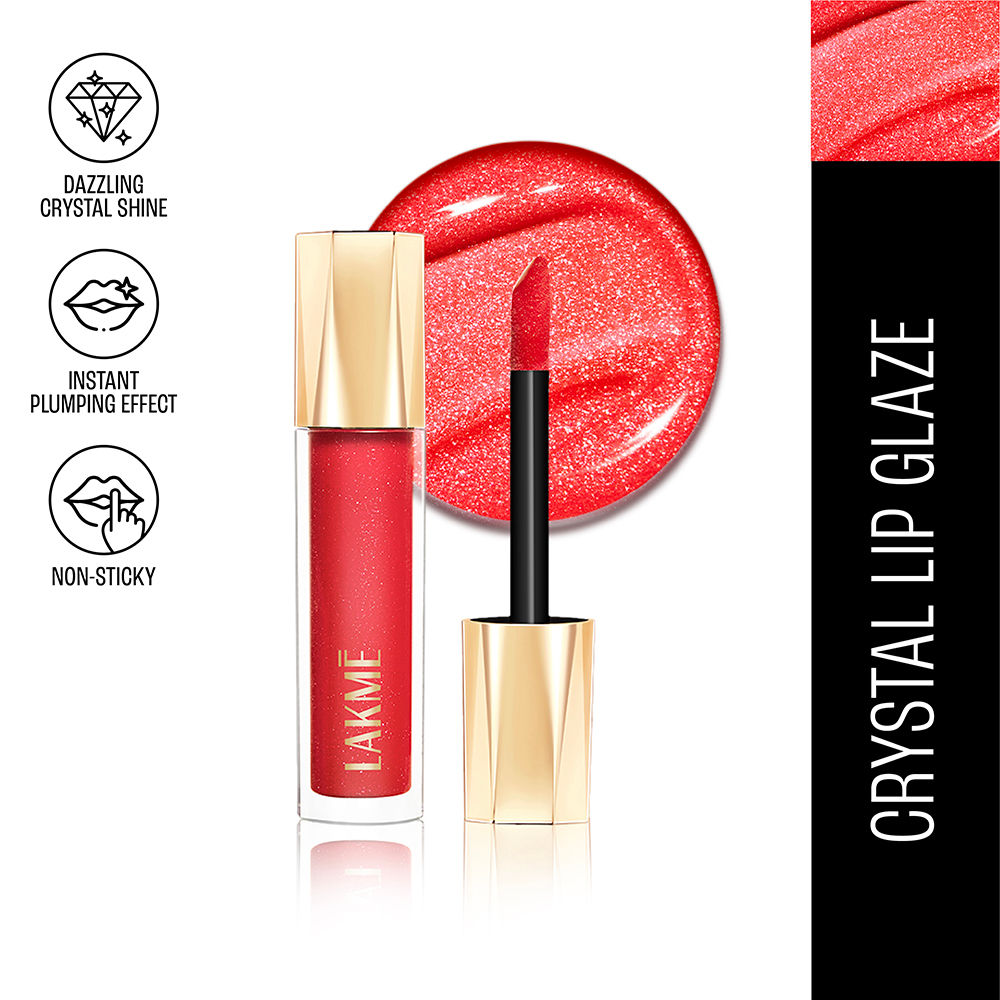 Lakme Glitterati Lip Glaze, with Vegan Collagen, for Glossy Lips, 101 Scarlet Spritzer 5 ml