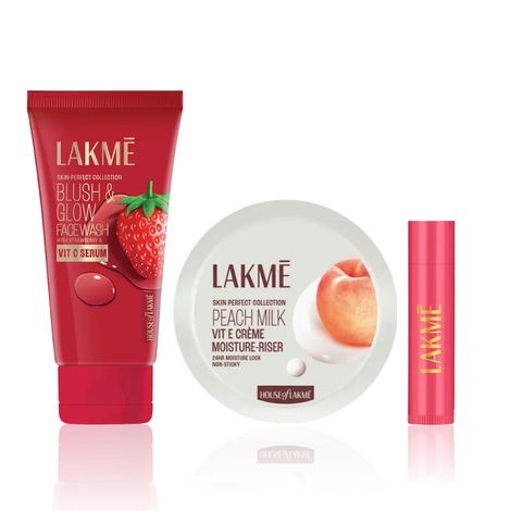 Lakme Glow Essentials Combo (Blush & Glow Strawberry Face Wash 100 g + Peach Milk Soft Creme 100 g + Lip Love Care Stick Cherry 4.5 g) Combo of 3