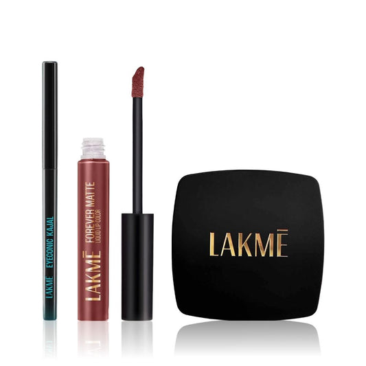 Lakme Makeup kit (FOREVER MATTE COMPACT Natural Shell (9 g) + Eyeconic Kajal Deep Black (0.35 g) + Forever Matte Liquid Lip 16hr Lipstick
