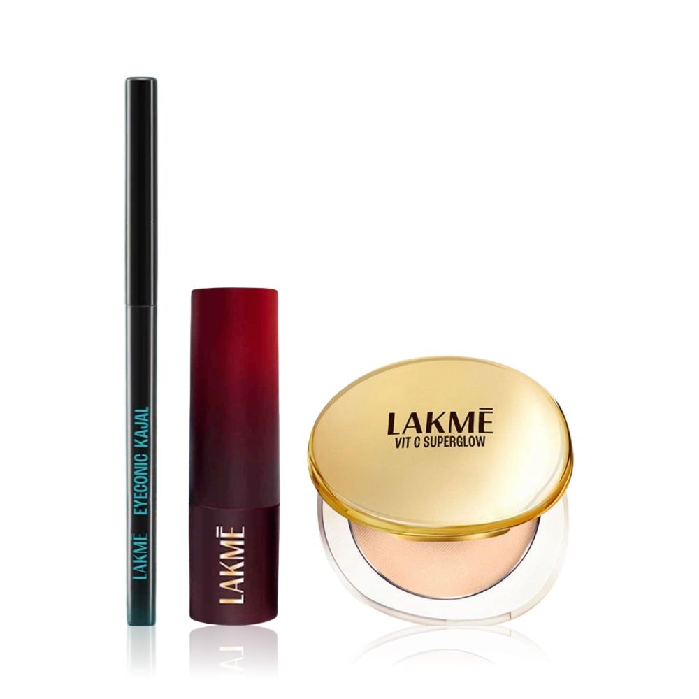 Lakme Makeup kit (Makeup+Skincare VitC Superglow Skin Perfecting Compact Ivory10 (8 g) + Eyeconic Kajal Deep Black (0.35 g) + Forever Matte