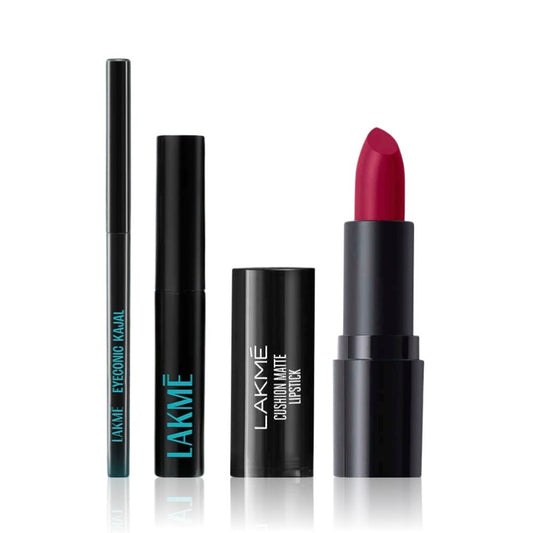 Lakme Makeup Trio (Forever Matte Lipstick Made With French Rose Oil Extracts Red Aurora (4.5 g) + Eyeconic Kajal Deep Black (0.35 g) + 9 to 5