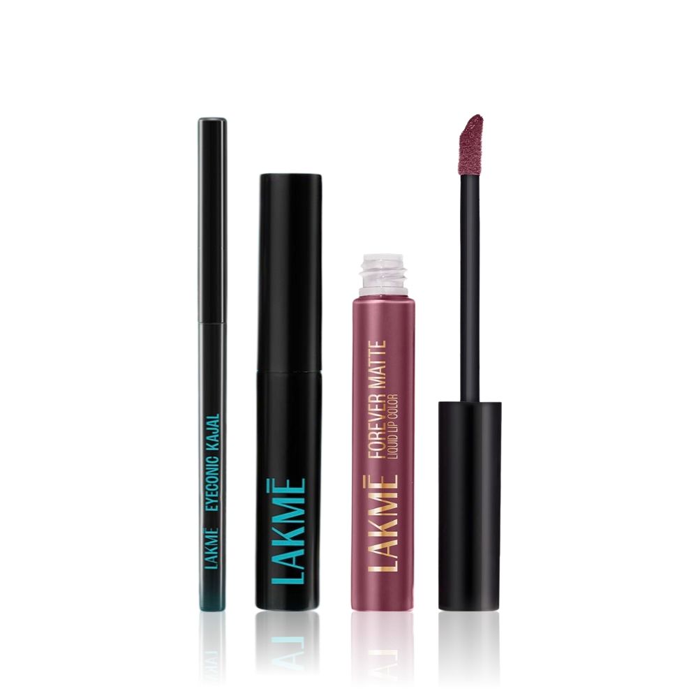 Lakme Makeup Trio (Forever Matte Liquid Lip Colour - Mauve Ecstasy (5.6 ml) + Eyeconic Kajal Deep Black (0.35 g) + 9 to 5 Eyeconic Liquid