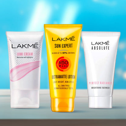 Lakme on-the-go Skin Essentials Combo 1 (Perfect Radiance Brightening Face Wash, Illuminated Look (50 g) + Sun Expert SPF 50 Super Matte Lotion