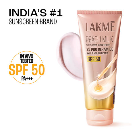 Lakme Peach Milk SPF 50 Sunscreen Moisturiser with 2% Pro-Ceramides & Peptides – 100 g