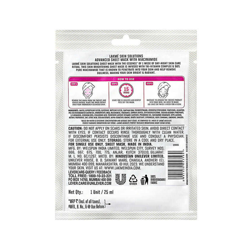 Lakme Skin Solutions Sheet Mask Brightening with Niacinamide 25 ml - Image 2