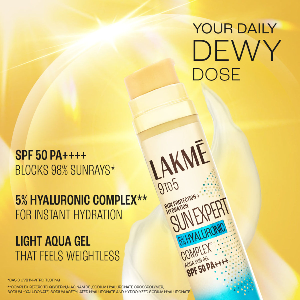 Lakme 5% Hyaluronic water-light Sunscreen gel SPF 50 Pa++++ For Oily Skin, Plump & Hydrated skin 56 g - Image 2