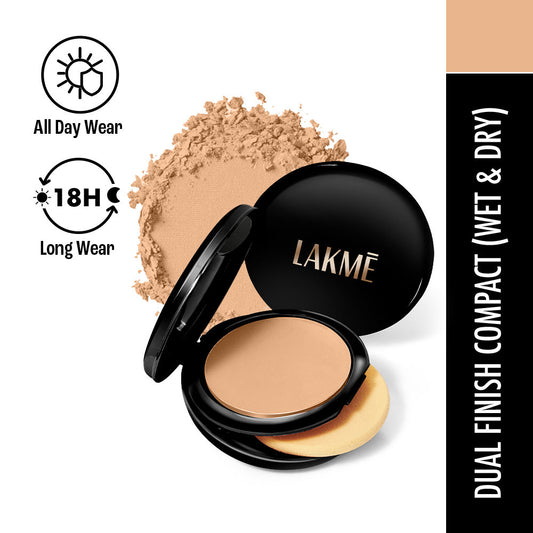 Lakme Showstopper Collection Unreal Dual Cover Pressed Powder, 2 In 1 Compact + Foundation, 03 Golden Sand,9 g
